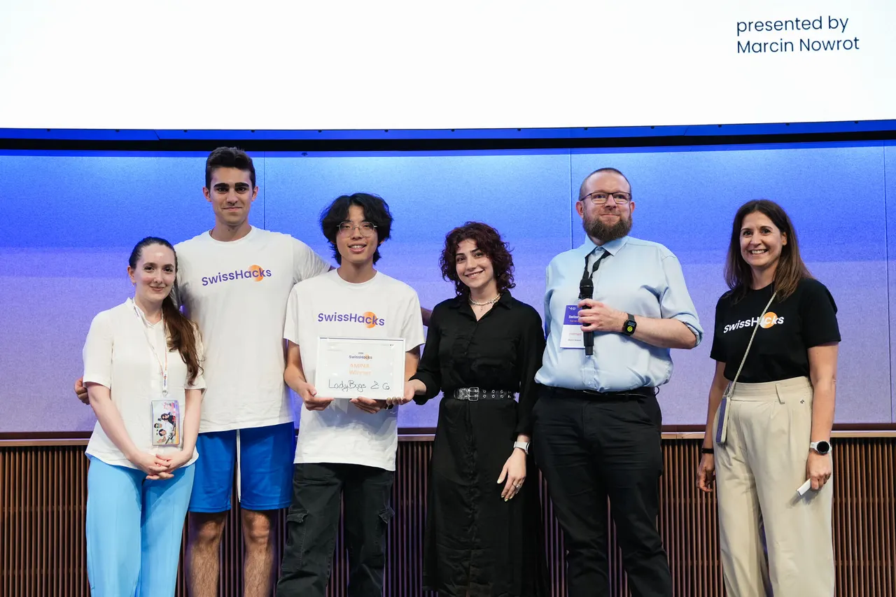 The LadyBugs & Co team on stage at SwissHacks 2026.